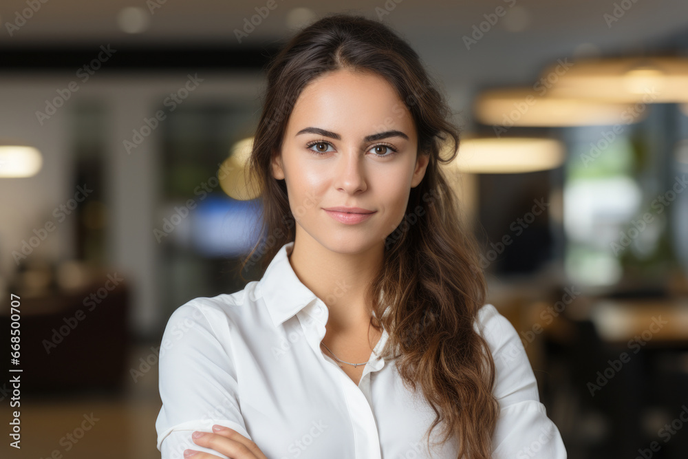 Woman wearing white shirt stands confidently with her arms crossed. This versatile image can be used to portray professionalism, confidence, and authority. Woman wearing white shirt stands confidently with her arms crossed. This versatile image can be used to portray professionalism, confidence, and authority.