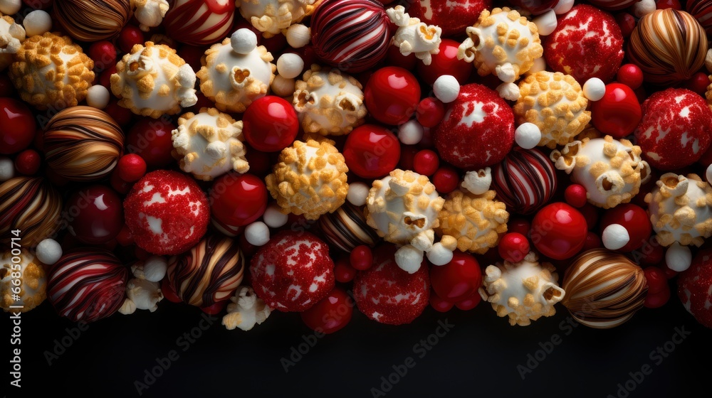 Top View Chocolate Skittles Popcorn Right Side Red , Happy New Year Background ,Hd Background