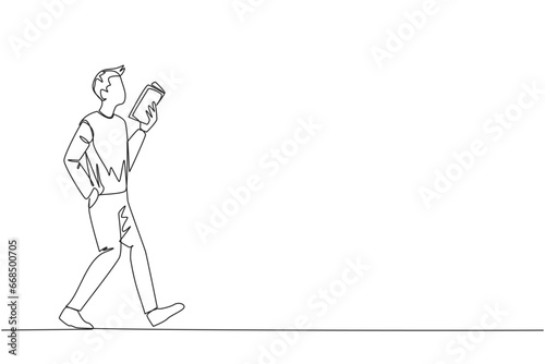 Single continuous line drawing man walking while reading a book. The gesture of memorizing something from a book. Read anywhere. Addicted to reading. Book festival. One line design vector illustration