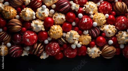 Top View Chocolate Skittles Popcorn Right Side Red , Happy New Year Background ,Hd Background