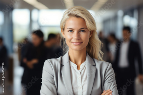 Professional businesswoman standing confidently with her arms crossed. Perfect for corporate presentations and marketing materials.