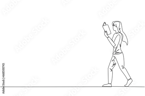 Single continuous line drawing woman walking while reading book. The gesture of memorizing something from a book. Read anywhere. Addicted to reading. Book festival. One line design vector illustration