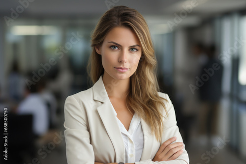 Professional woman in business suit confidently stands with her arms crossed. This image can be used to represent confidence, professionalism, and leadership in various business settings.