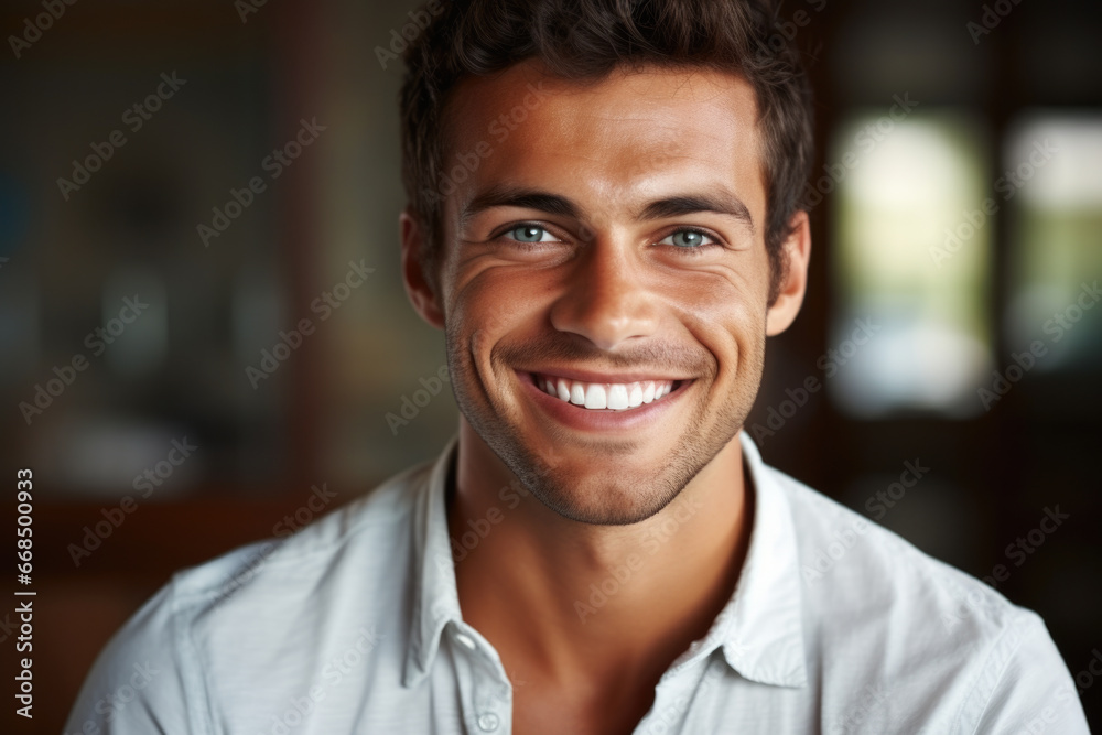 Young man is captured in photograph, smiling brightly while wearing crisp white shirt. This versatile image can be used to depict happiness, positivity, professionalism, and more. Young man is captured in photograph, smiling brightly while wearing crisp white shirt. This versatile image can be used to depict happiness, positivity, professionalism, and more.