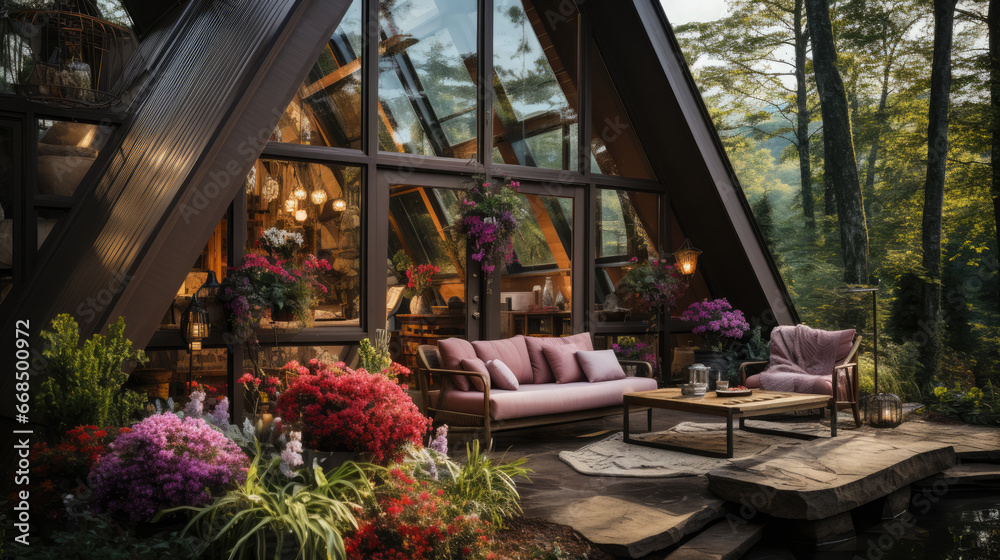 a-frame house in nature, glamping, hotel, recreation center, modern architecture, stylish building, guest house, villa, triangular, pyramidal, glass, garden, wood