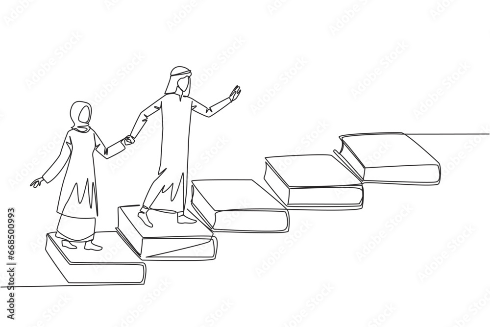 Continuous one line drawing Arab man woman climb stairs from books. Reading increases knowledge which can increase dignity of better life. Book festival concept. Single line design vector illustration
