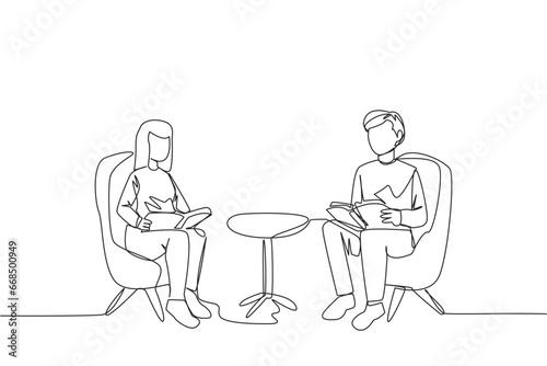 Single one line drawing man woman sitting reading on sofa. Reading focus in living room. Fun hobby. Relieve fatigue from daily activities. Book festival concept. Continuous line graphic illustration
