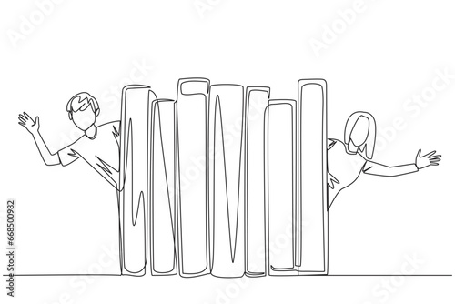 Continuous one line drawing man woman appears from behind a row of books. Invitation to read books at the library. Like to reading a book. Book festival concept. Single line draw vector illustration