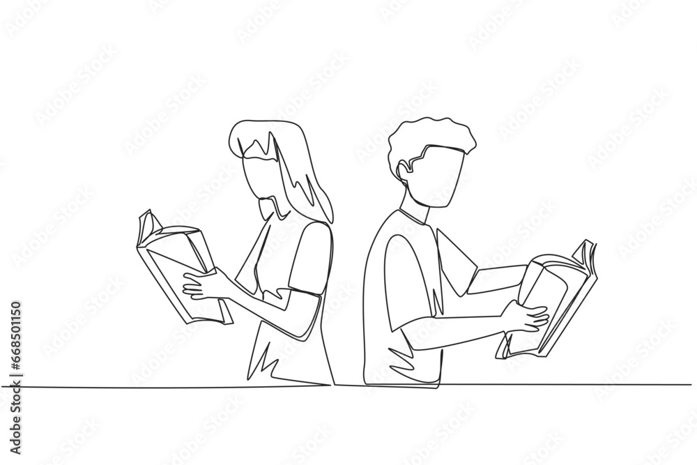 Single one line drawing man woman very focused on reading the book. Reading fiction story books during holidays. Book festival concept. Very good habit. Continuous line design graphic illustration Single one line drawing man woman very focused on reading the book. Reading fiction story books during holidays. Book festival concept. Very good habit. Continuous line design graphic illustration