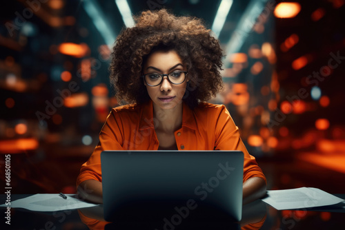 Woman sitting at table with laptop. This image can be used to represent remote work, freelancing, or technology.