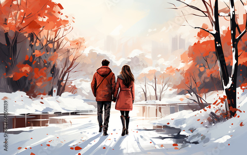 Young couple walking in winter park holding hands