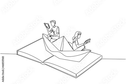 Continuous one line drawing man woman reading book on a paper boat. Maintain the good habits. The metaphor of reading can explore oceans. Book festival concept. Single line design vector illustration