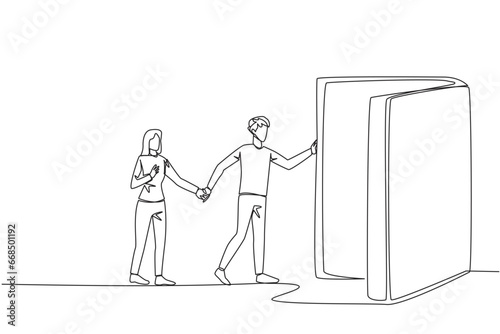 Single continuous line drawing man woman open the book-shaped door. Books can open mind and see everywhere. Increase knowledge about the wider world. Book festival. One line design vector illustration