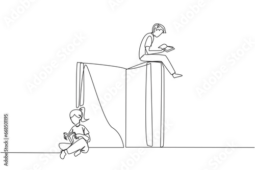 Single one line drawing man woman sitting reading the books while the big book is open. Serious and focus learning increases insight. Book festival concept. Continuous line design graphic illustration