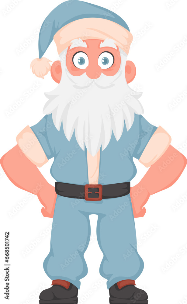 Santa Claus with a big white beard in a blue New Year's suit. Cartoon style Santa Claus with a big white beard in a blue New Year's suit. Cartoon style