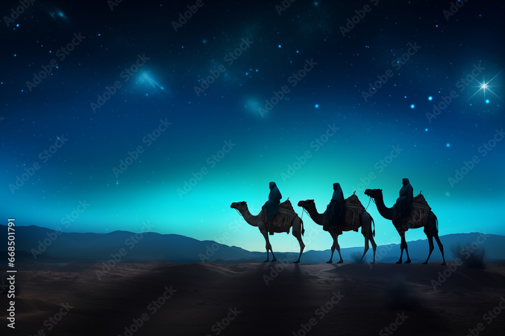 Silhouette of Three wise men riding a camel along the star path. To meet Jesus at first birth. Silhouette of Three wise men riding a camel along the star path. To meet Jesus at first birth.