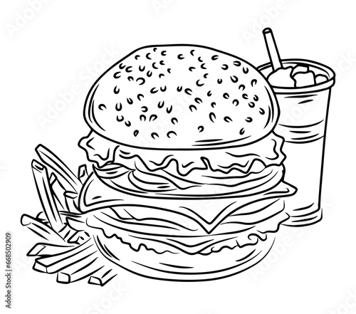 burger with french fries and soft drink line art illustration photo