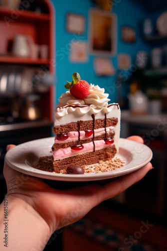 A piece of cake in hand on a plate against the background of the kitchen. Generative AI,