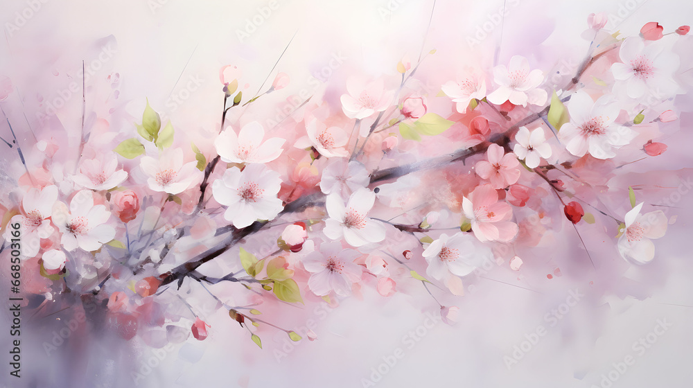 Obraz premium Using delicate watercolor strokes, evoke the freshness of spring by painting a serene scene of cherry blossoms in full bloom.