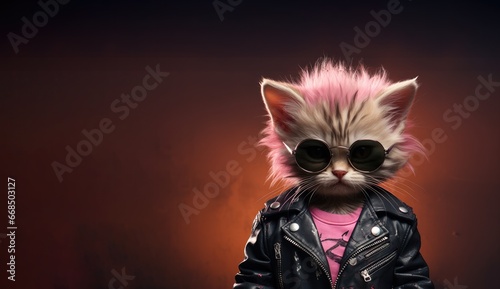 punk baby kitten in glasses and a black leather jacket banner photo