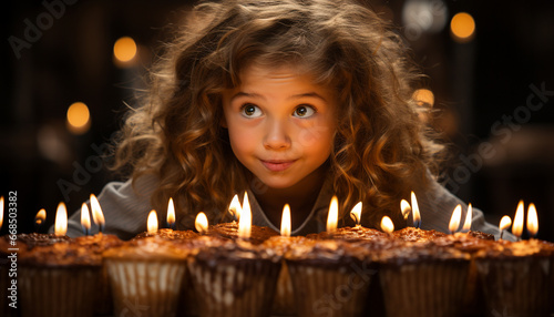 Cute girl smiling, holding candle, celebrating birthday with joy generated by AI