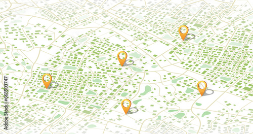 Multiple destinations. Gps tracking map. Track navigation pins on street maps, navigate mapping technology and locate position pin. Futuristic travel gps map or location navigator vector illustration