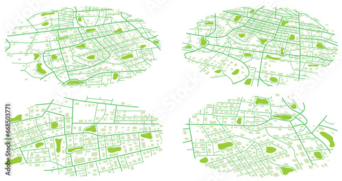 City top view. View from above the map for location tracks dashboard. Abstract city map, background. Top view, view from above. Fictional district plan. Quarter residential buildings. Vector,