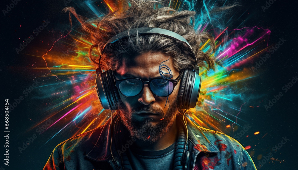 Young adult Caucasian man wearing sunglasses and headphones, enjoying nightclub generated by AI