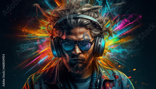 Young adult Caucasian man wearing sunglasses and headphones, enjoying nightclub generated by AI