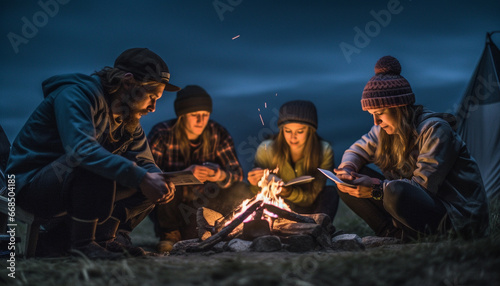 Group of people sitting around campfire, enjoying nature and togetherness generated by AI
