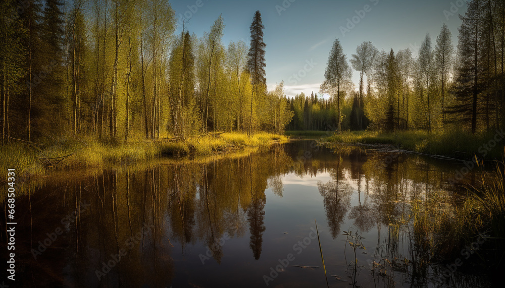 Fototapeta premium Tranquil scene sunset reflects on water, nature vibrant beauty generated by AI