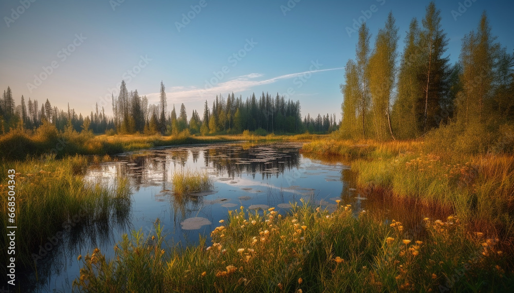 Tranquil scene autumn forest reflects vibrant colors in pond generated by AI
