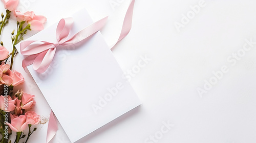 Blank white sheet of paper with a silk ribbon gift bow. Generative AI, © Яна Ерік Татевосян
