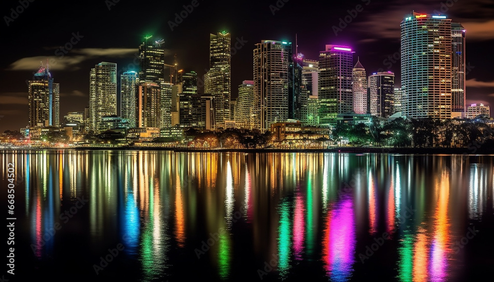 Illuminated city skyline reflects vibrant colors on water at dusk generated by AI