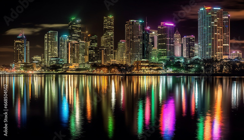 Illuminated city skyline reflects vibrant colors on water at dusk generated by AI © Stockgiu
