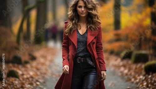 One woman walking in the autumn forest, smiling and fashionable generated by AI photo