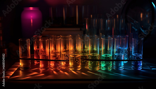 Nightclub celebration colorful cocktails illuminate the laboratory glassware generated by AI