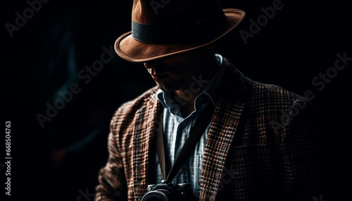 A fashionable man, confident and creative, holding a camera generated by AI