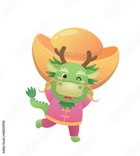 Playful and cute dragon character or mascot with gold ingot, Chinese mythological animal, Chinese new year vector cartoon character
