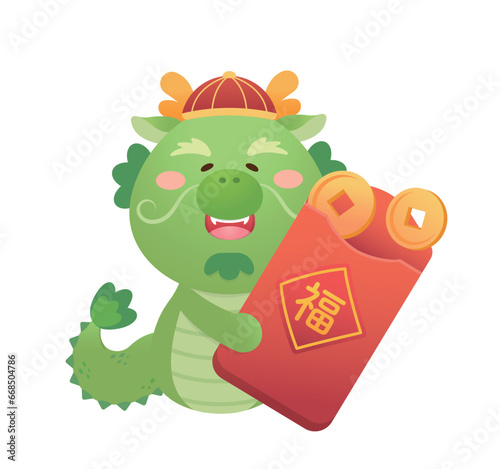 Playful and cute dragon character or mascot with red paper bag, Chinese mythological animal, vector cartoon character for Chinese New Year, translation: blessing
