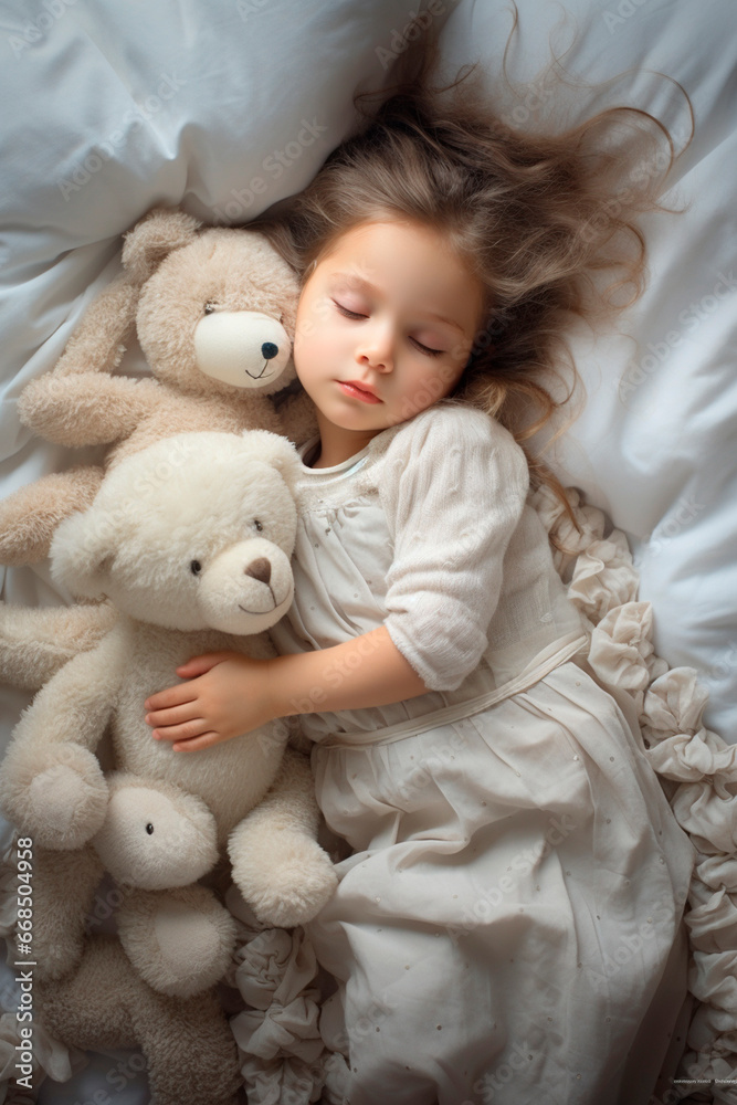 The child sleeps in a white bed. Generative AI, The child sleeps in a white bed. Generative AI,
