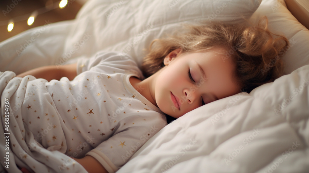 The child sleeps in a white bed. Generative AI, The child sleeps in a white bed. Generative AI,
