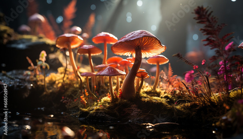 Autumn forest, close up of poisonous toadstool growth in nature generated by AI