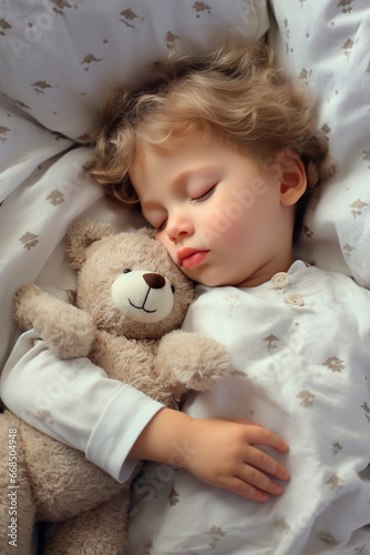 The child sleeps in a white bed. Generative AI,