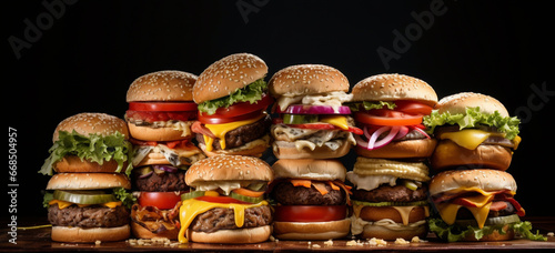  Hamburgers with French fries on wooden table,closeup Hamburgers with French fries on wooden table O a wooden stand delicious homemade burgers of beef cheese and vegetable blurred background and fire.