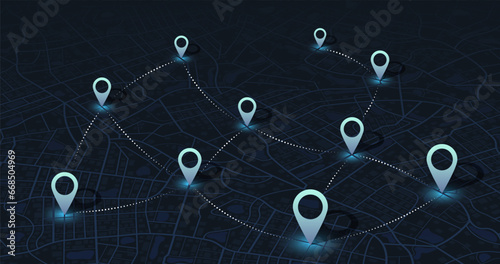 Multiple destinations. Gps tracking map. Track navigation pins on street maps, navigate mapping technology and locate position pin. Futuristic travel gps map or location navigator vector illustration