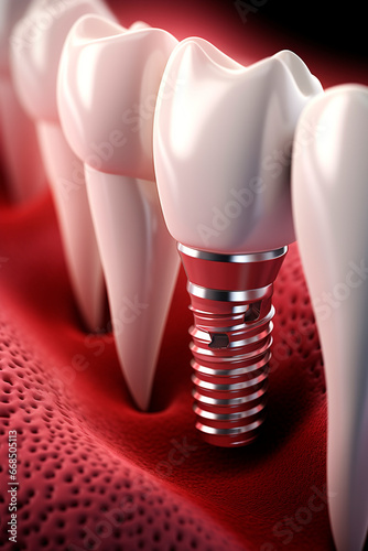 Tooth implant against the background of the jaw. Generative AI,