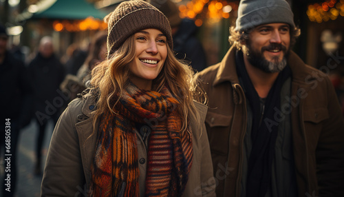 Smiling couple in warm winter clothes enjoying outdoors together generated by AI