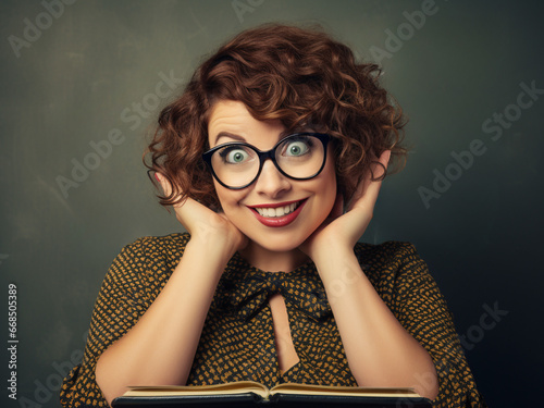 Emotive Close-Up Portrait of Isolated Middle-Aged Woman Teacher Wearing Glasses