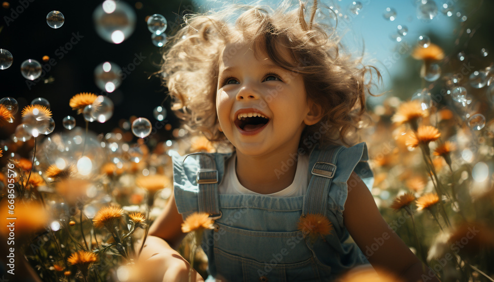 A cute, smiling child playing outdoors, enjoying nature beauty generated by AI A cute, smiling child playing outdoors, enjoying nature beauty generated by AI